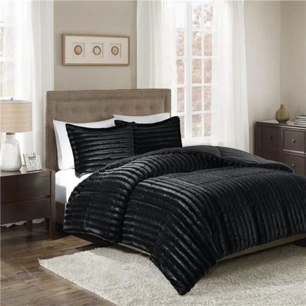 Faux Fur Reversible Comforter Set, Down Alternative Filling, Modern Quilted